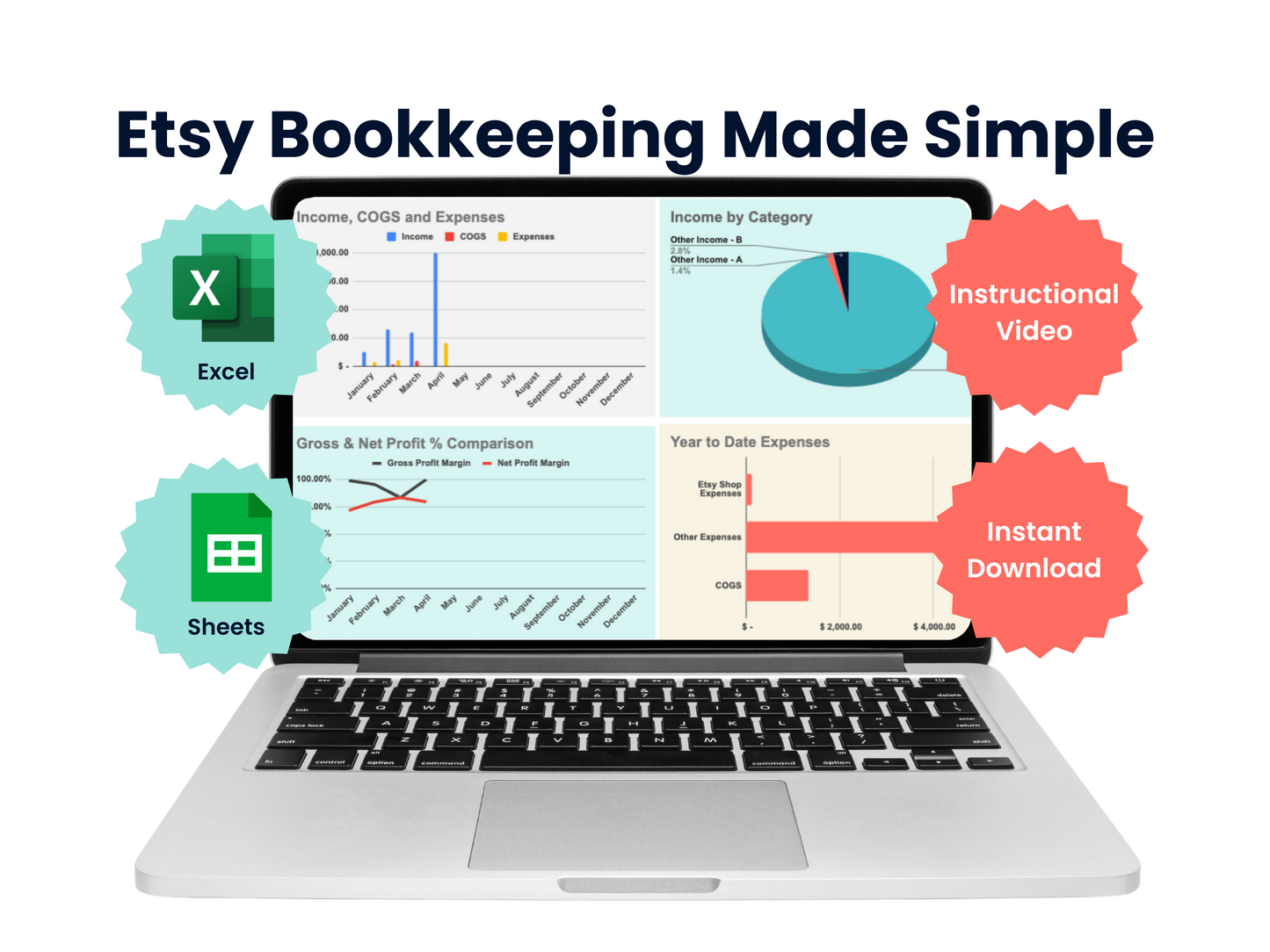 Bookkeeping Spreadsheet for Etsy Sellers - Google Sheets & Excel, Income & Expense Tracker