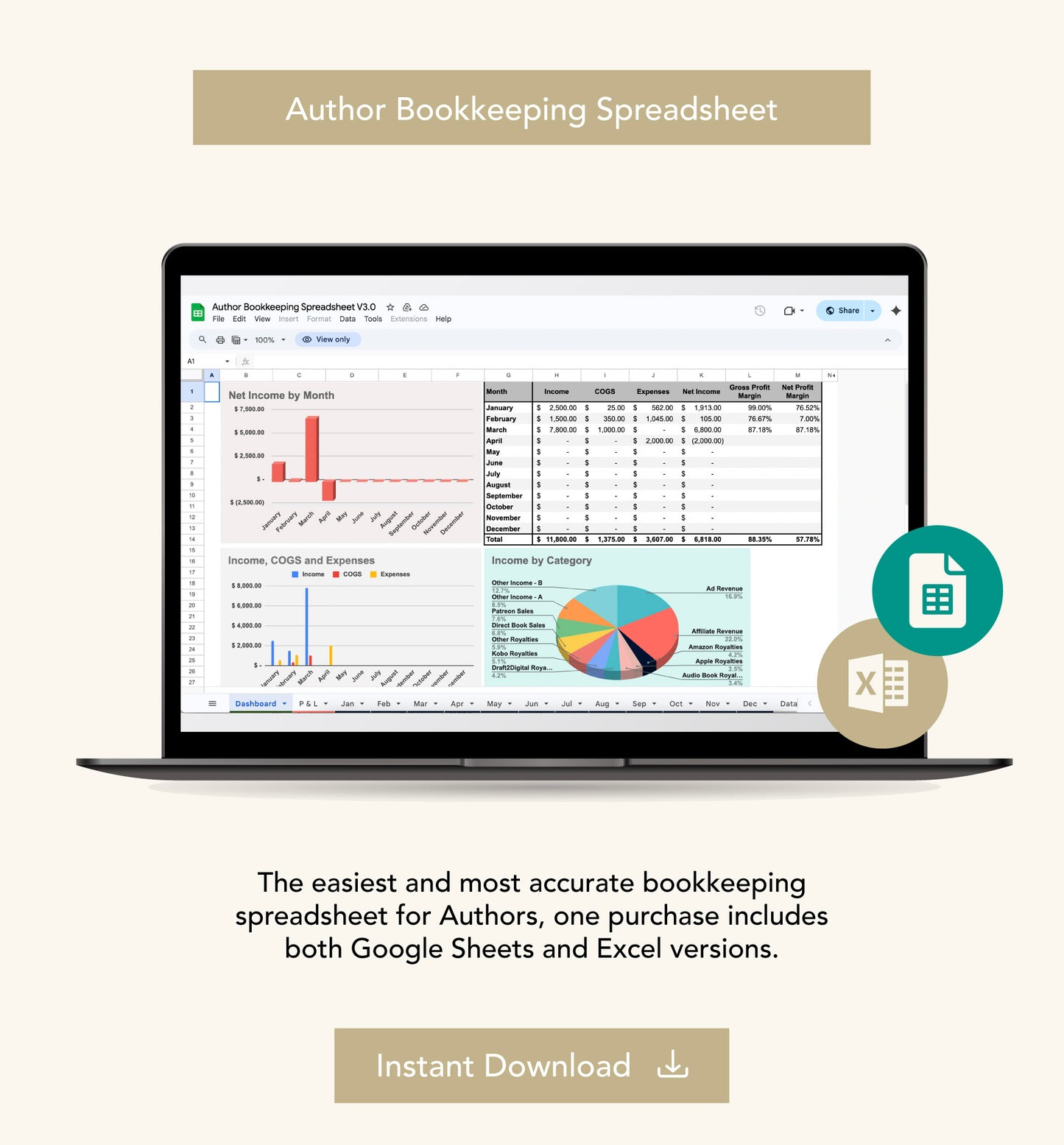 Bookkeeping Spreadsheet for Indie Authors - Google Sheets & Excel, Income & Expense Tracker