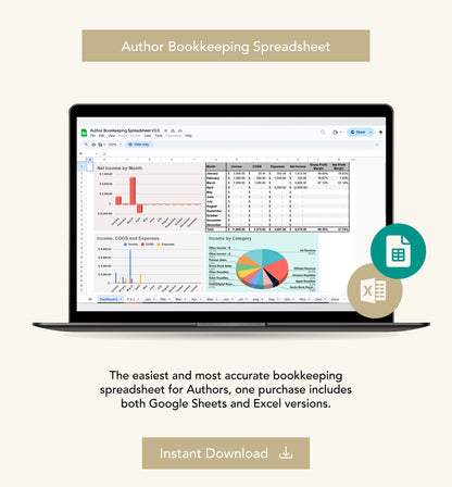 Bookkeeping Spreadsheet for Indie Authors - Google Sheets & Excel, Income & Expense Tracker