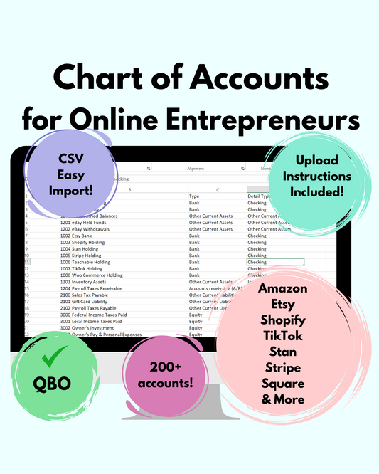 E-commerce Chart of Accounts for Online Entrepreneur Small Business Owner Accounting QuickBooks Online Bookkeeping Template