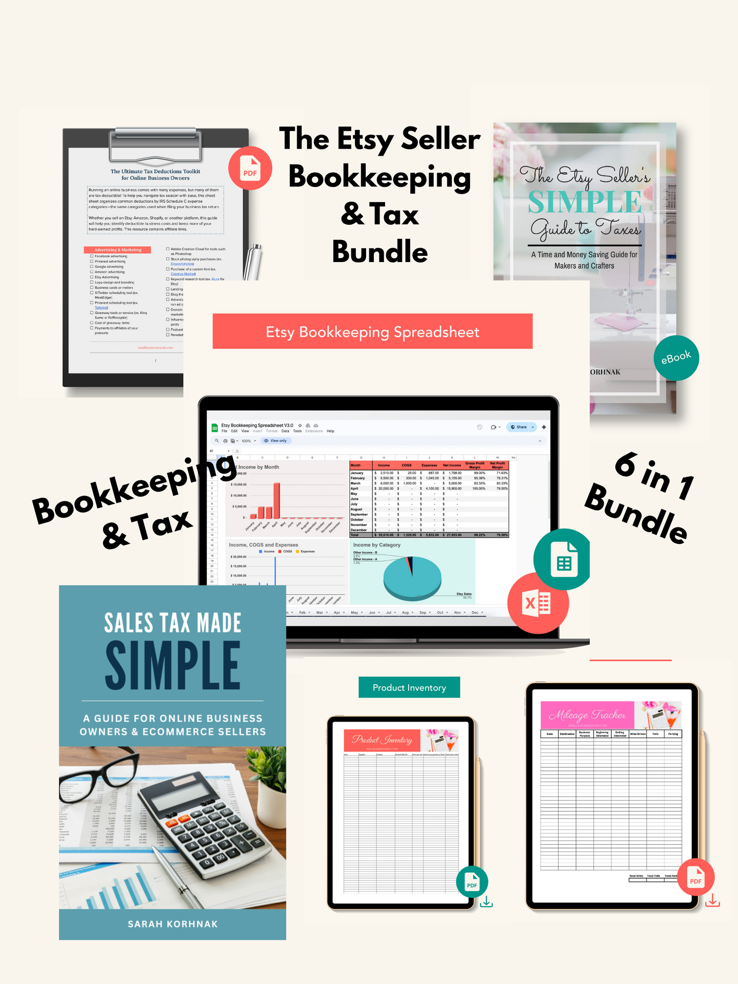 Etsy Seller Bookkeeping & Tax Bundle | Spreadsheet, Sales & Federal Tax Guide, Tax Cheat Sheet, Inventory & Mileage Printables