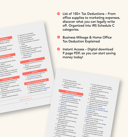 Small Business Tax Cheat Sheet List of Ultimate Tax Deductions Toolkit Tax Guide Tax Write-Off for Etsy, Amazon, Shopify, Bloggers and more!