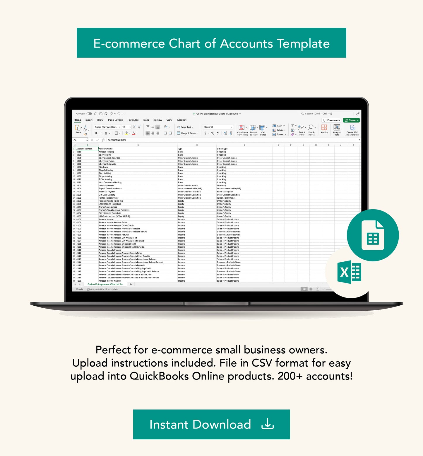 E-commerce Chart of Accounts for Online Entrepreneur Small Business Owner Accounting QuickBooks Online Bookkeeping Template
