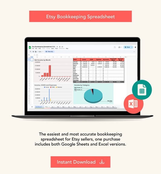 Bookkeeping Spreadsheet for Etsy Sellers - Google Sheets & Excel, Income & Expense Tracker
