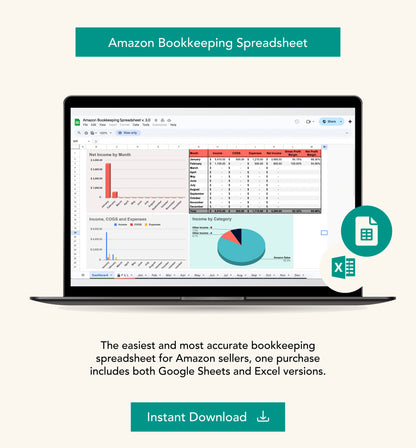 Bookkeeping Spreadsheet for Amazon Sellers - Google Sheets and Excel - Designed by Accountant