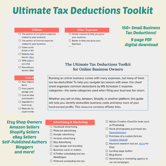 Small Business Tax Cheat Sheet List of Ultimate Tax Deductions Toolkit Tax Guide Tax Write-Off for Etsy, Amazon, Shopify, Bloggers and more!